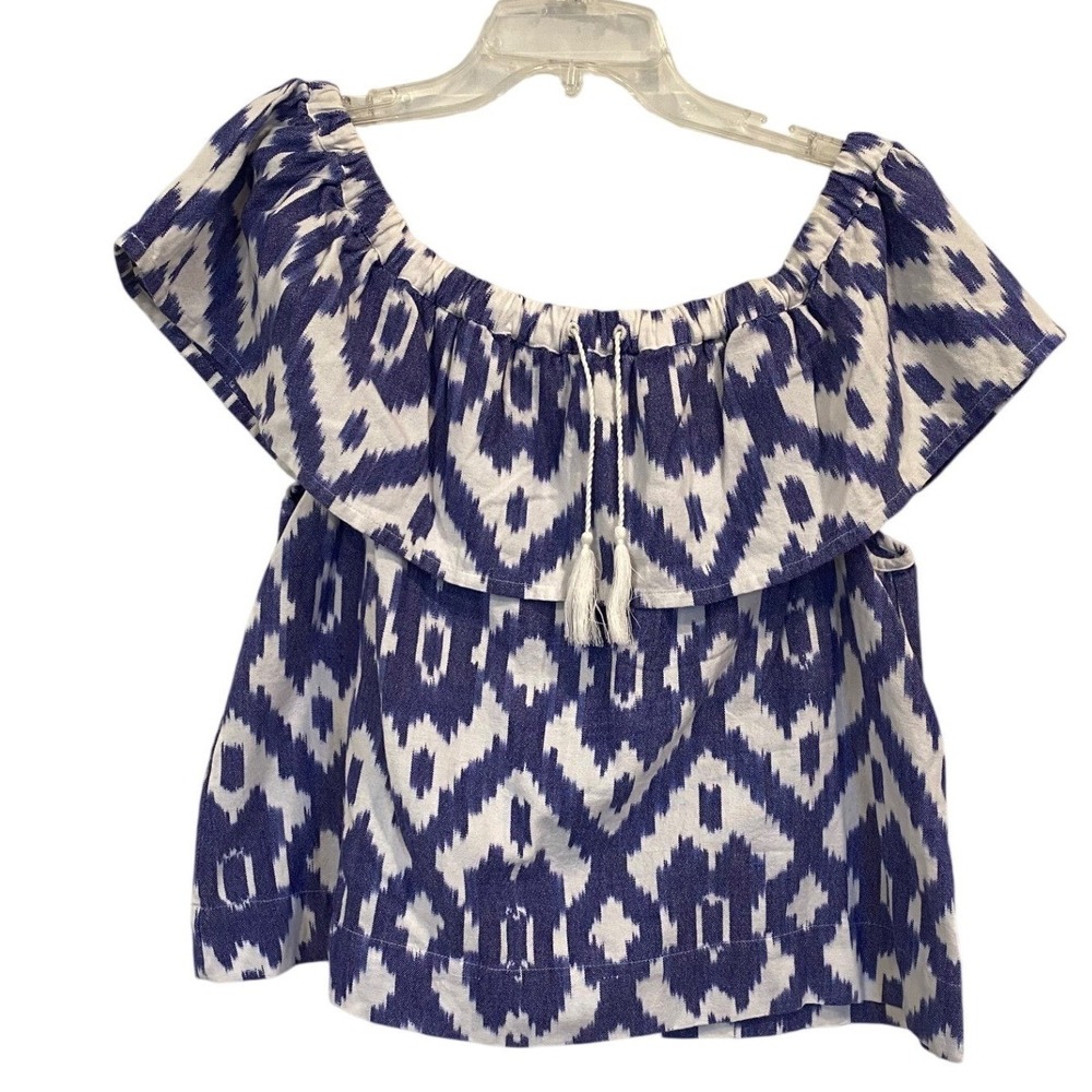Madewell Balcony Blue White Ikat Off Shoulder Ruffle Top Women M 100% Cotton